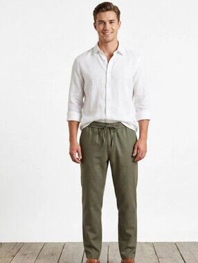 Zara Comfort Olive Drawstring Linen-Blend Pants
